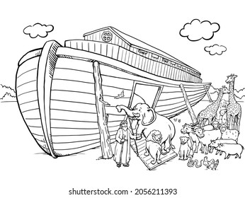 Outline drawings， ark of Noah with animals