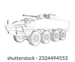 Outline Armored troop carrier. Military machinery drawing vector illustration. BTR.
