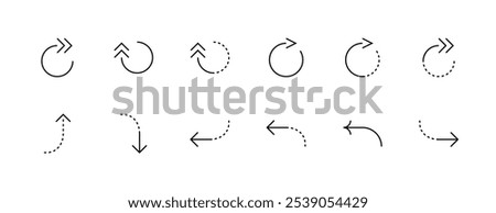 Outline arrow icon set. Direction, navigation, right curved, reload, update, turn down, upward, downward and more. Editable stroke. Pixel Perfect. Grid base 32px.