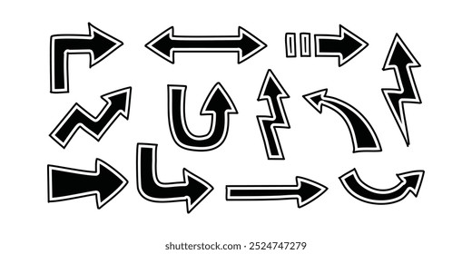 Outline Arrows in Hand-drawn style set vector collection. Arrow icon. Arrow. Cursor simple arrows. on a white background vector illustration