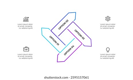 Outline arrows infographic arranged in a circular cascading layout, highlighting 4 options. Ideal for presentations, business strategy visualizations, or educational materials