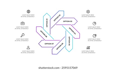 Outline arrows infographic arranged in a circular cascading layout, highlighting 8 options. Ideal for presentations, business strategy visualizations, or educational materials