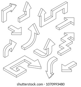Outline arrows. Isometric set of icons. Vector illustration isolated on white background
