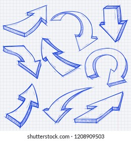 Outline arrows set. Hand drawn sketch. Blue vector illustration on lined paper background