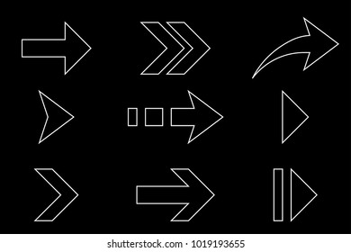 Outline arrows set. Vector illustration on black background