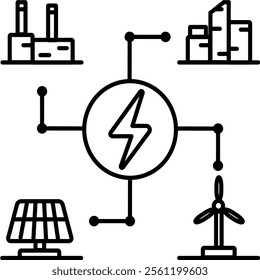 outline art icon smart grid system. Includes energy infrastructure elements like solar panels, wind turbines, and electric connections. 