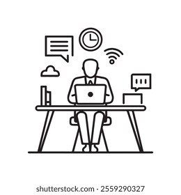 A outline art icon of a worker at a desk with a laptop, chat bubbles, a clock, and Wi-Fi lines. digital workspace.