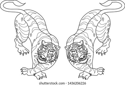 Outline art Japanese traditional tiger isolate on white background.