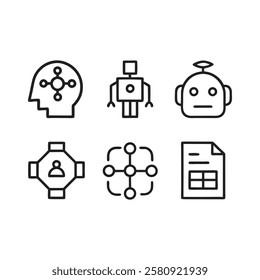 Outline Artificial Intelligence and Machine Learning Icons for Tech Innovations