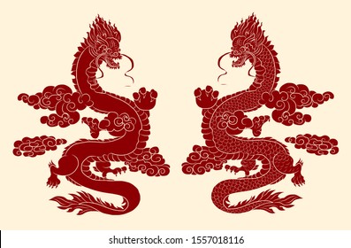 Outline Asian Dragon For Printing Lucky Wallpaper On Background.Traditional Japanese Dragon Vector Illustration For Tattoo Or Painting On Jacket,T-shirt.Chinese Dragon And Clouds Wave For Tattoo Style