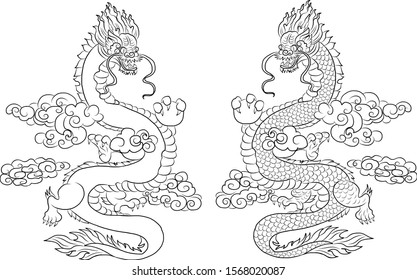 Outline Asian dragon for printing lucky wallpaper on background.Traditional Japanese dragon vector illustration for tattoo or painting on jacket,T-shirt.Chinese dragon and clouds wave 