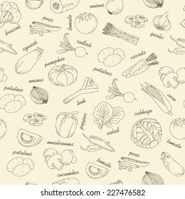 Outline assorted collection of vegetables seamless pattern with lettering description 