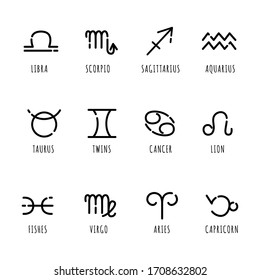 Outline astrology vector icons set - symbols signs for astrology, zodiac constellations or horoscope, planets. Esoteric magic concept. Black outline isolated on white - for gui, web, infographics