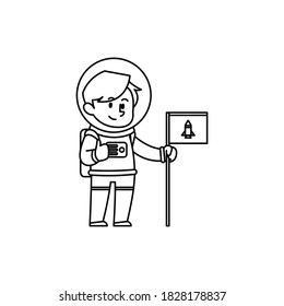 Outline astronaut character with flag. Vector illustration of space man isolated on white background