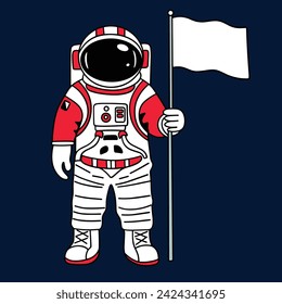 Outline Astronaut with flag in doodle style isolated on dark background. Hand drawn vector art