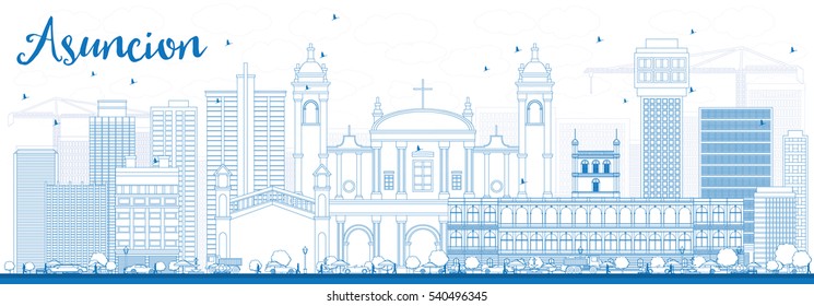 Outline Asuncion Skyline with Blue Buildings. Vector Illustration. Business Travel and Tourism Concept with Modern Architecture. Image for Presentation Banner Placard and Web Site