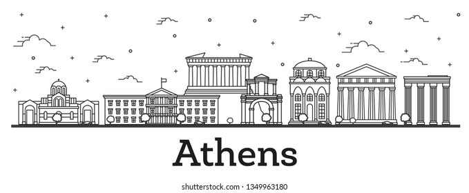 Outline Athens Greece City Skyline with Historical Buildings Isolated on White. Vector Illustration. Athens Cityscape with Landmarks. 