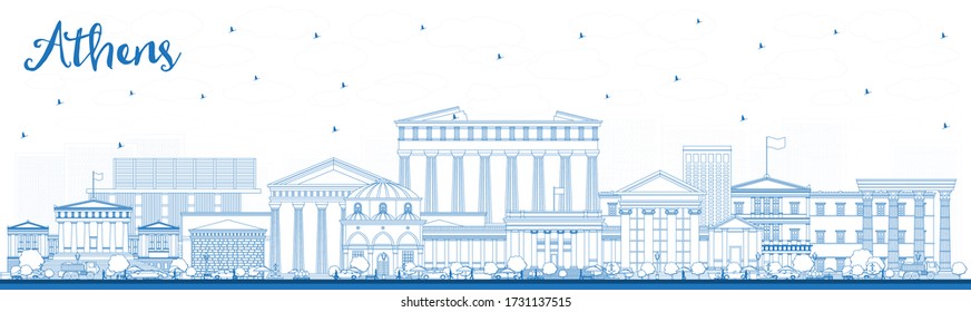 Outline Athens Greece City Skyline with Blue Buildings. Vector Illustration. Business Travel and Tourism Concept with Historic and Modern Architecture. Athens Cityscape with Landmarks.