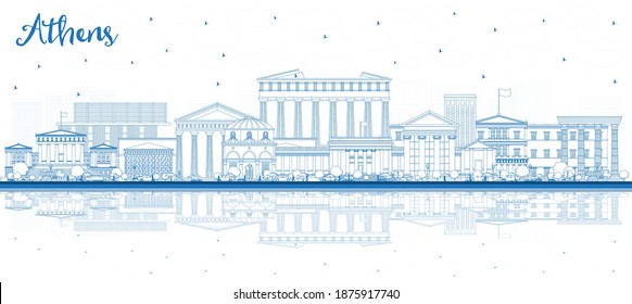 Outline Athens Greece City Skyline with Blue Buildings and Reflections. Vector Illustration. Business Travel and Tourism Concept with Historic and Modern Architecture. Athens Cityscape with Landmarks.