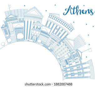 Outline Athens Greece City Skyline with Blue Buildings and Copy Space. Vector Illustration. Business Travel and Tourism Concept with Historic and Modern Architecture. Athens Cityscape with Landmarks.