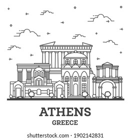 Outline Athens Greece City Skyline with Historical Buildings Isolated on White. Vector Illustration. Athens Cityscape with Landmarks. 