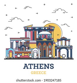 Outline Athens Greece City Skyline with Colored Historic Buildings Isolated on White. Vector Illustration. Athens Cityscape with Landmarks. 