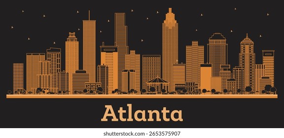 Outline Atlanta Georgia City Skyline com edifícios laranja. Ilustração de vetor. Viagens de negócios e conceito com arquitetura moderna. Paisagem urbana de Atlanta EUA com pontos de referência.