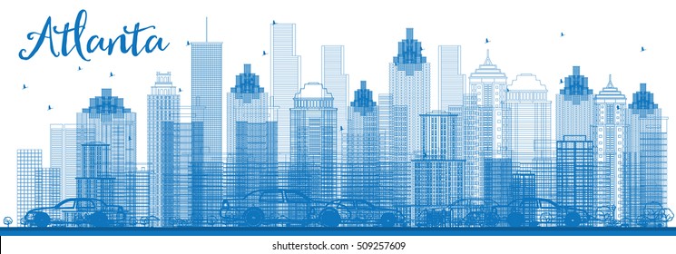 Outline Atlanta Skyline with Blue Buildings. Vector Illustration. Business Travel and Tourism Concept with Modern Architecture. Image for Presentation Banner Placard and Web Site.