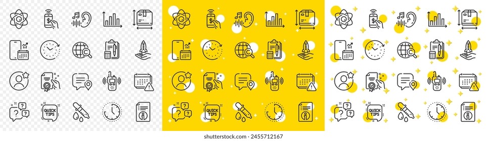 Outline Atom core, Time change and Phone payment line icons pack for web with Accounting, Chat bubble, Box size line icon. Certificate, Crowdfunding, International copyright pictogram icon. Vector