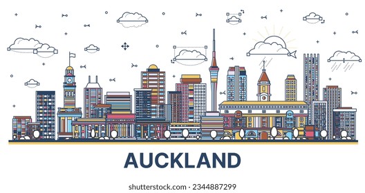 Outline Auckland New Zealand city skyline with colored modern and historic buildings isolated on white. Vector illustration. Auckland cityscape with landmarks.