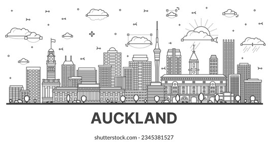 Outline Auckland New Zealand city skyline with modern and historic buildings isolated on white. Vector illustration. Auckland cityscape with landmarks.