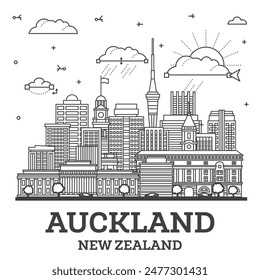 Outline Auckland New Zealand city skyline with modern and historic buildings isolated on white. Vector illustration. Auckland cityscape with landmarks.