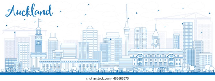 Outline Auckland Skyline with Blue Buildings. Vector Illustration. Business Travel and Tourism Concept with Modern Buildings. Image for Presentation Banner Placard and Web Site.