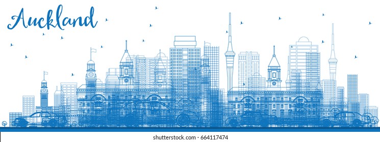Outline Auckland Skyline with Blue Buildings. Vector Illustration. Business Travel and Tourism Concept with Modern Buildings. Image for Presentation Banner Placard and Web Site.