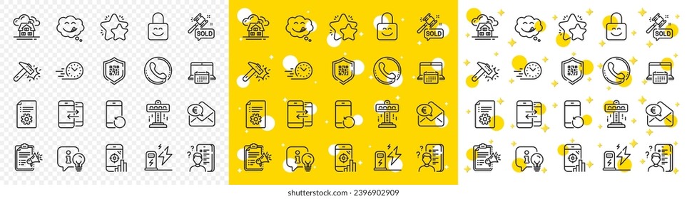 Outline Auction hammer, Fast delivery and Qr code line icons pack for web with Yummy smile, Attraction, Recovery phone line icon. Calendar, Seo phone, Lock pictogram icon. Survey. Vector