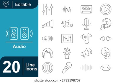 Audiosymbolsatz mit Umriss, Musik, Tonsteuerung, Wiedergabe und Aufnahmesymbolen. Die schlanke Linienkonstruktion und die saubere Geometrie machen diese Symbole ideal für Medienanwendungen, Dashboards und digitale Schnittstellen.