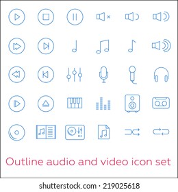 Outline audio and video icon set with piano, headphones and note
