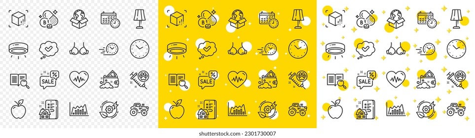 Contorno Realidad aumentada, Vacunación de perro y Buscar iconos de línea de texto empacar para web con burbuja de descuentos, lámpara de mesa, icono de línea de agencia de propiedades. Tractor, aprobado. Diseño amarillo con estrellas 3d. Vector