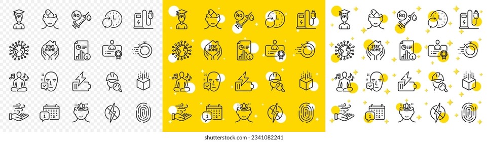 Outline Augmented reality, Yoga mind and Battery line icons pack for web with Calendar, Stay home, Charging station line icon. Student, Antistatic, Coronavirus pictogram icon. Vector