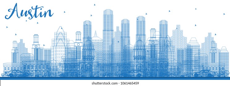 Outline Austin Texas City Skyline with Blue Buildings. Vector Illustration. Business Travel and Tourism Concept with Modern Architecture. Austin Cityscape with Landmarks.