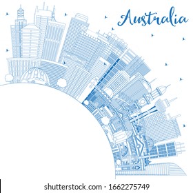 Outline Australia City Skyline with Blue Buildings and Copy Space. Vector Illustration. Tourism Concept with Historic Architecture. Australia Cityscape with Landmarks. Sydney. Melbourne. Canberra.