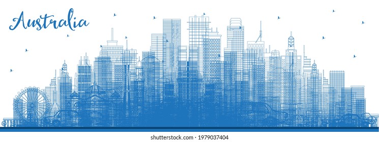 Outline Australia City Skyline with Blue Buildings. Vector Illustration. Tourism Concept with Historic Architecture. Australia Cityscape with Landmarks. Sydney. Melbourne. Canberra.