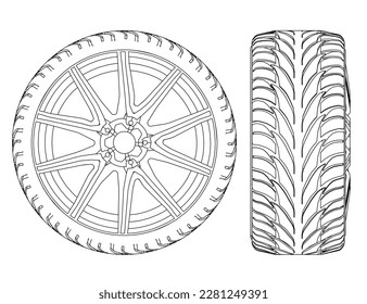 Outline of an automobile wheel from black lines isolated on a white background. Side view, front. Vector illustration.