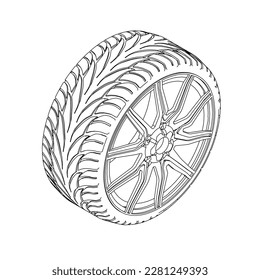 Outline of an automobile wheel from black lines isolated on a white background. Isometric view. 3D. Vector illustration.