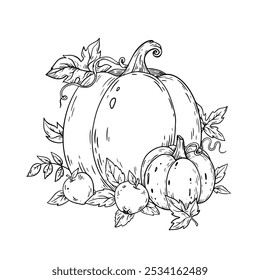 outline autumn illustration with pumpkin, leaves and apples. 