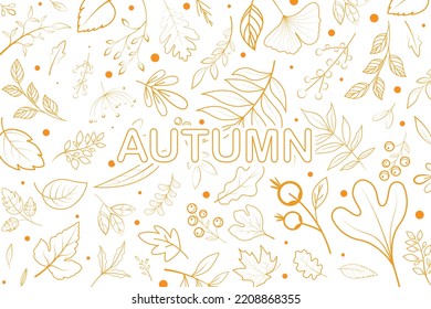 Outline Autumn Leaves Background. Fall Leaf Line Art Patterned Vector.