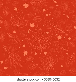 Outline autumn leaves pattern. Autumn seamless tileable background. 