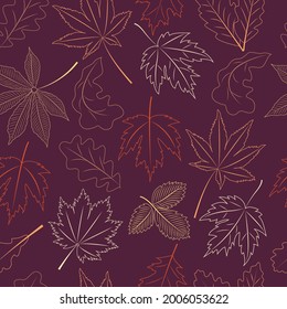 Outline Autumn Leaves seamless pattern.  Contour Fall season vector background