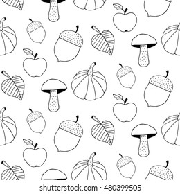 Outline autumn pattern with hand drawn pumpkin, mushroom, acorn, leaf and apple. Cute vector black and white autumn pattern. Seamless monochrome doodle autumn pattern for fabric, wallpapers and cards.