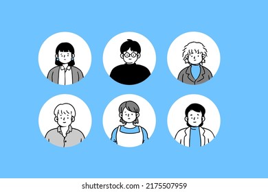 Outline avatars profile set, office workers, hand-drawn icon style, character design, vector illustration.